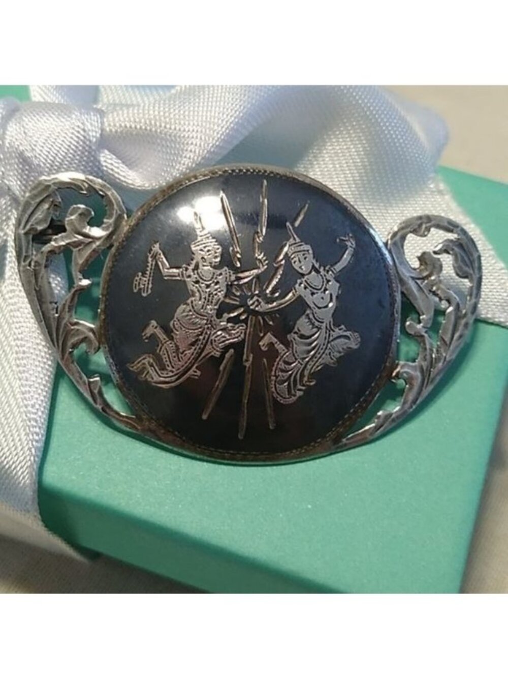 Vintage Siam Silver Niello Dancing Couple Brooch Pin